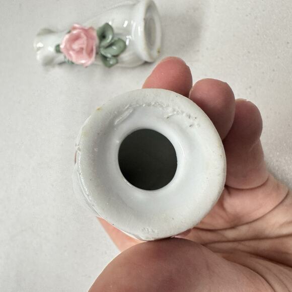 Vintage Porcelain Rose Salt and Pepper Shakers 3" White Pink Grandma Core - Picture 6 of 8